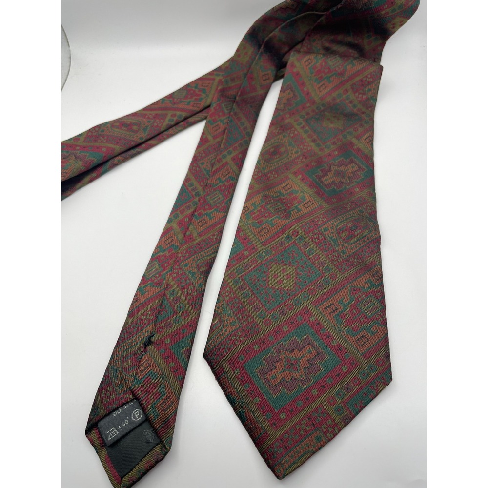 Ermenegildo Zegna Mens Silk Tie Geometric Jacquard Burgundy Green Made in Italy